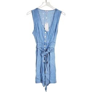 Rails Scarlett Chambray Button Front Belted Linen Romper Large NWT Vintage Blue